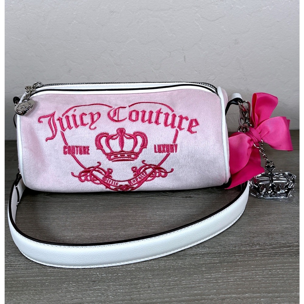 Juicy Couture Pink Velour Girlie Royalty Barrel Bag Embroidered Logo Bow Charm